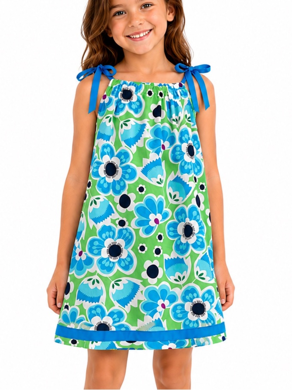 Hanna Andersson Green Blue Floral Pillowcase Sleeveless Dress 8 130 Ribbon Ties